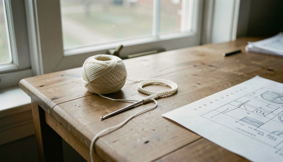 A wooden table by a north-facing window, a single metal crochet hook resting on a half-finished chain of cream cotton yarn, a paper pattern with pencil tick marks beside it, soft daylight from the