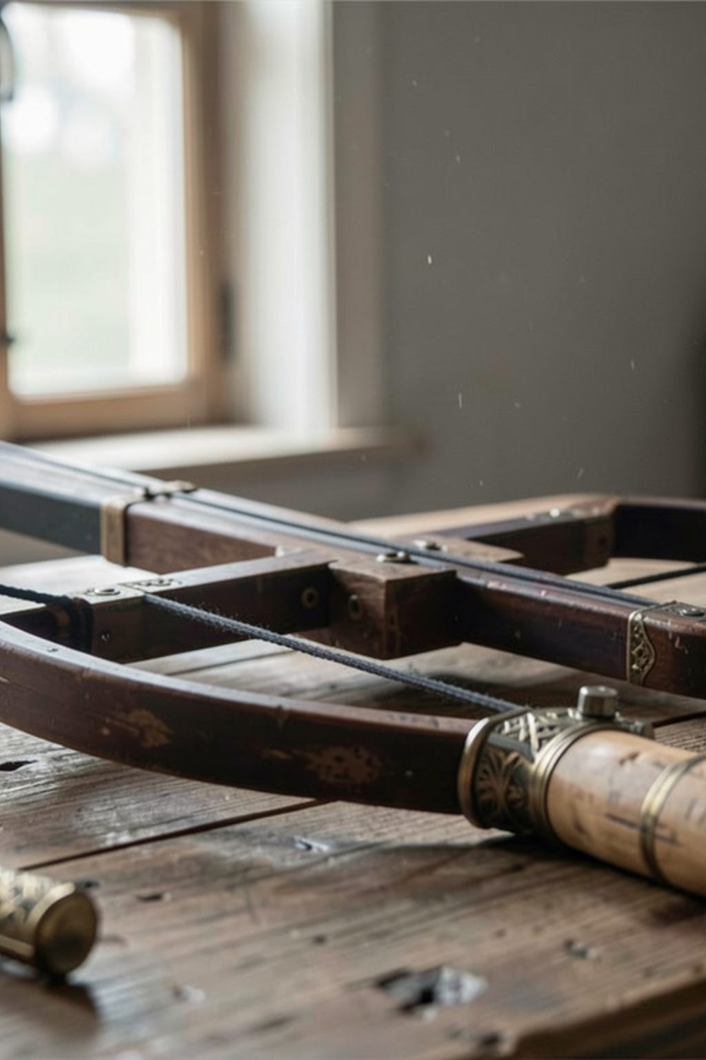 A late medieval crossbow with a steel prod and a wooden tiller laid on a grey workbench beside a windlass, three bolts and a leather belt hook