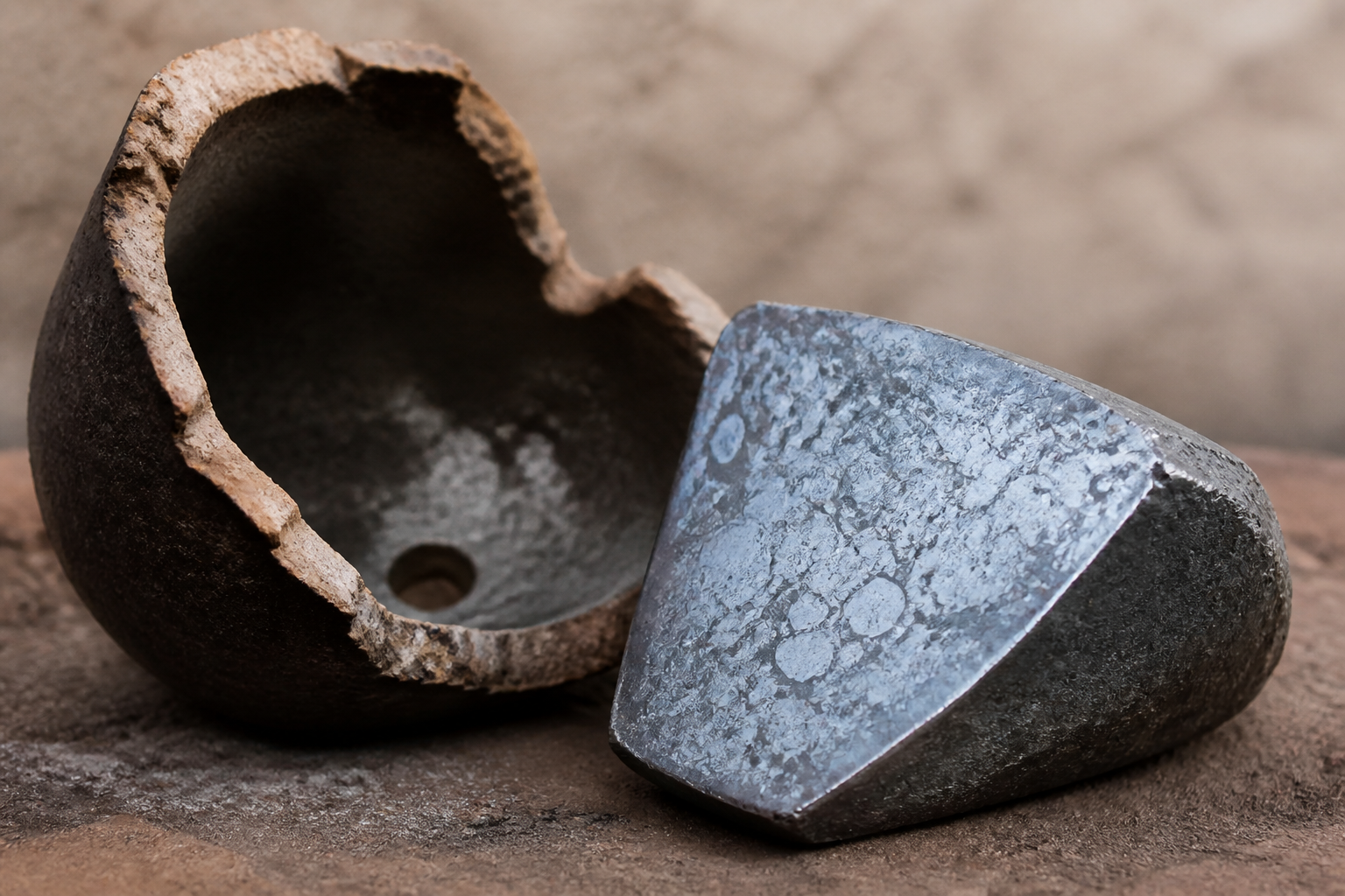 A cut and polished crucible steel ingot beside a broken clay crucible, the polished face showing the coarse crystalline structure of high carbon cast steel