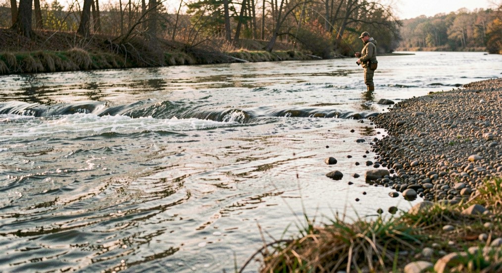 A shallow river seam at first light, fast water meeting a slow eddy beside a gravel bar, with a wading angler standing midstream in the middle distance, shot from a low bank position with the surface