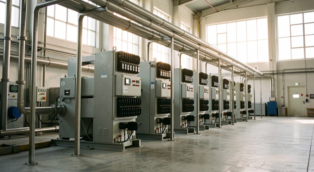 A row of PEM electrolyser stacks inside a bright industrial hall, stainless steel pipework running overhead, late afternoon light through high clerestory windows, medium wide shot from floor level.