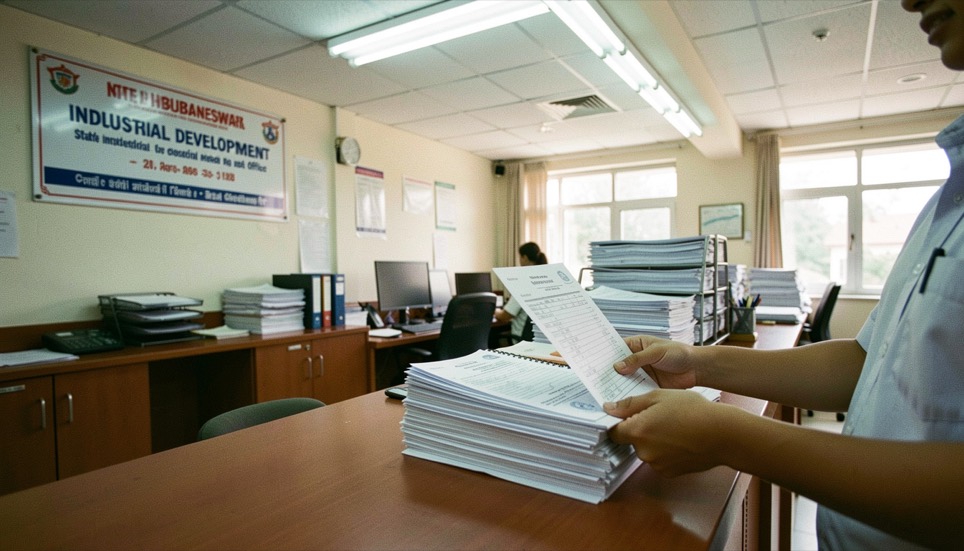 A wide interior view of a state industrial development office counter in Bhubaneswar, a stack of printed clearance files on the desk under flat overhead lighting, a clerk's hands sorting pages in the