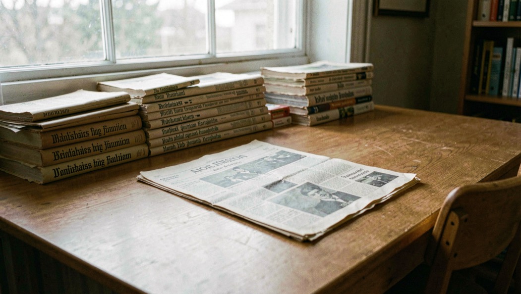 A reading room table under a north-facing window, with bound volumes of nineteenth-century Finnish newspapers stacked at one end and a single loose broadsheet open flat in the middle, daylight raking
