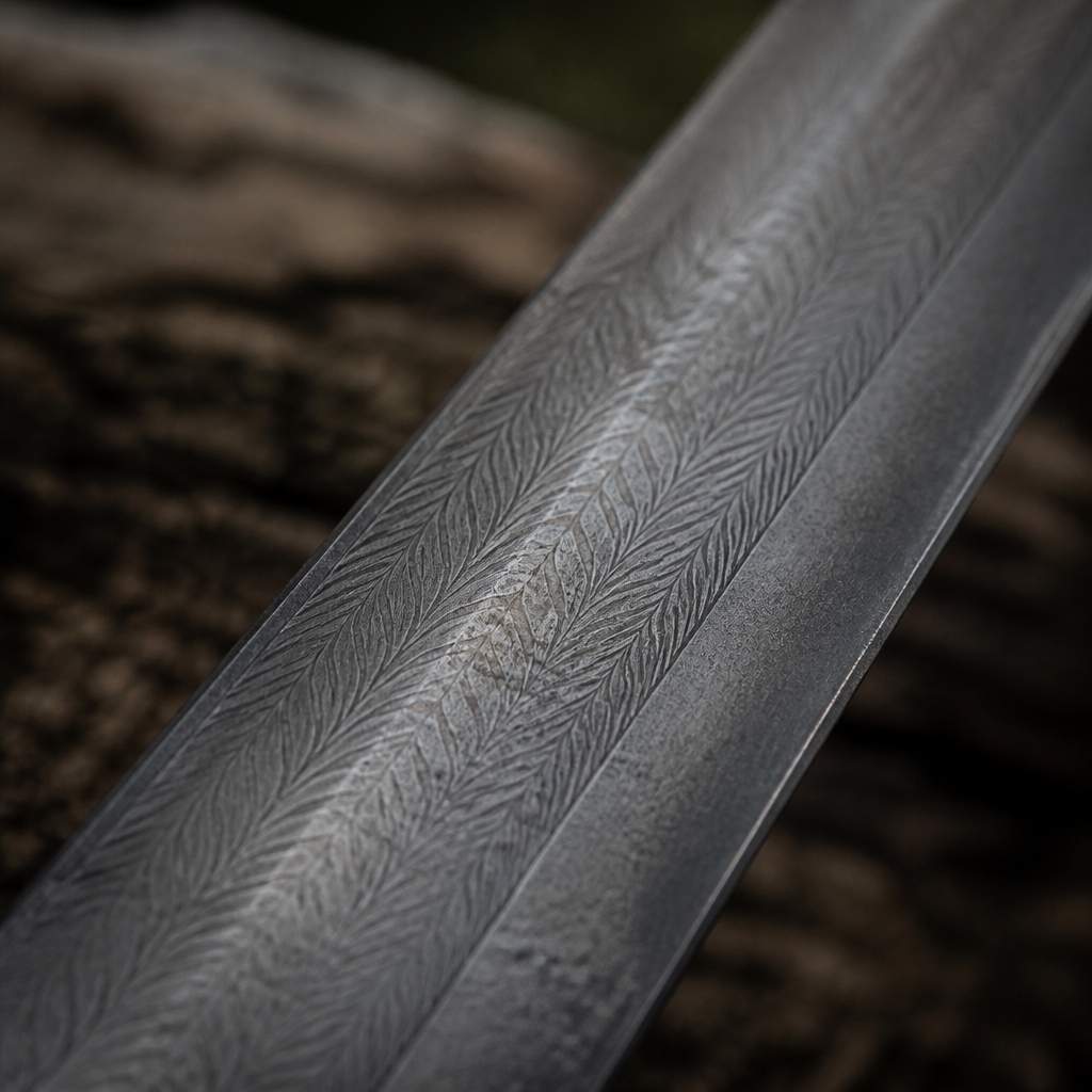 Etched surface of a pattern welded blade photographed in raking light, showing herringbone bands formed by twisted rods along the centre of the blade and a plain welded edge beside them