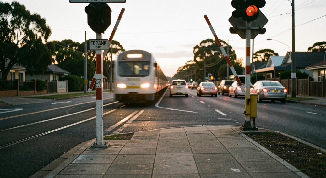 A suburban Melbourne level crossing at dusk, boom gates down and a train passing, shot from the footpath with the road queue receding into the frame.