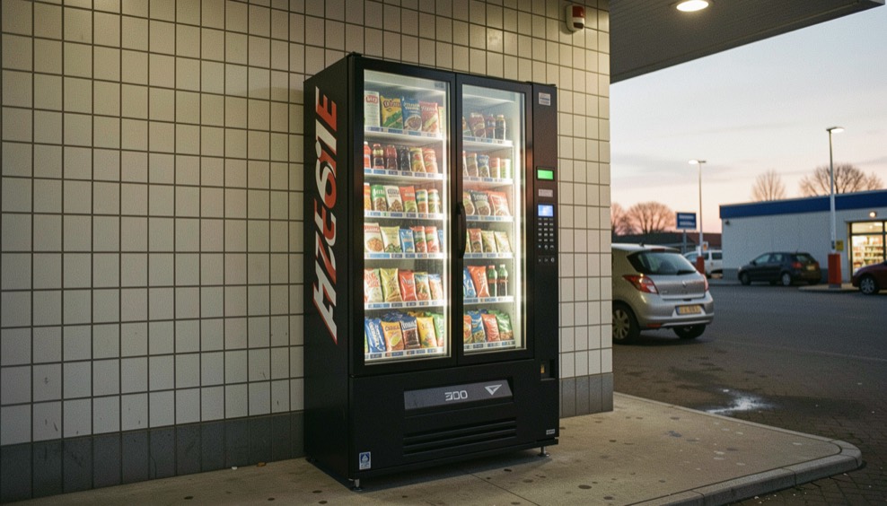 A glass-fronted snack and drink vending machine standing against a tiled wall in a Dutch petrol station forecourt at dusk, its chilled cabinet lit from within, shot straight on from about three