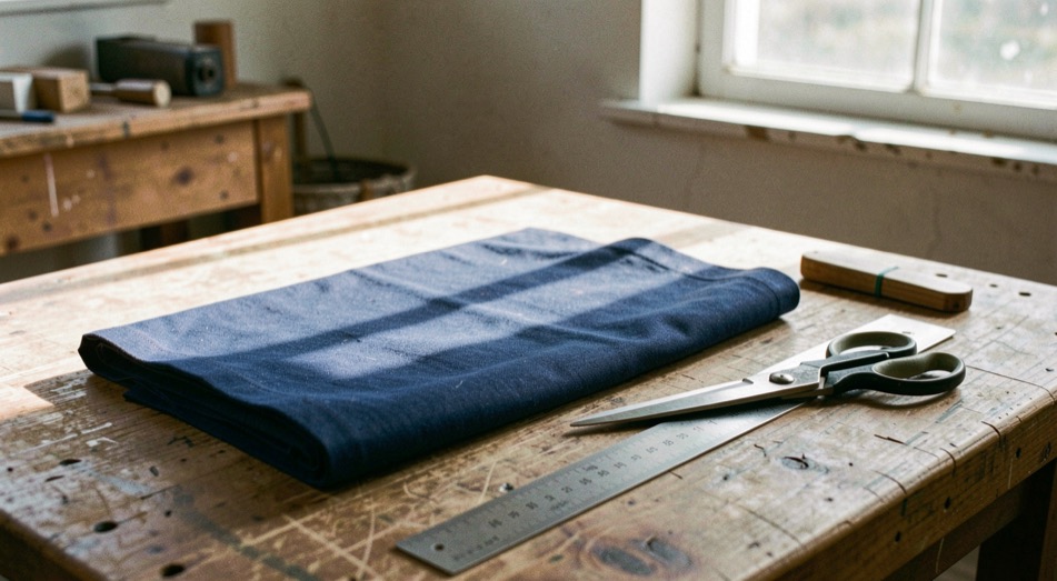 A cutting table in a small workshop, a folded length of indigo twill beside a steel ruler and a pair of shears, raking afternoon light from a side window across the fabric surface.