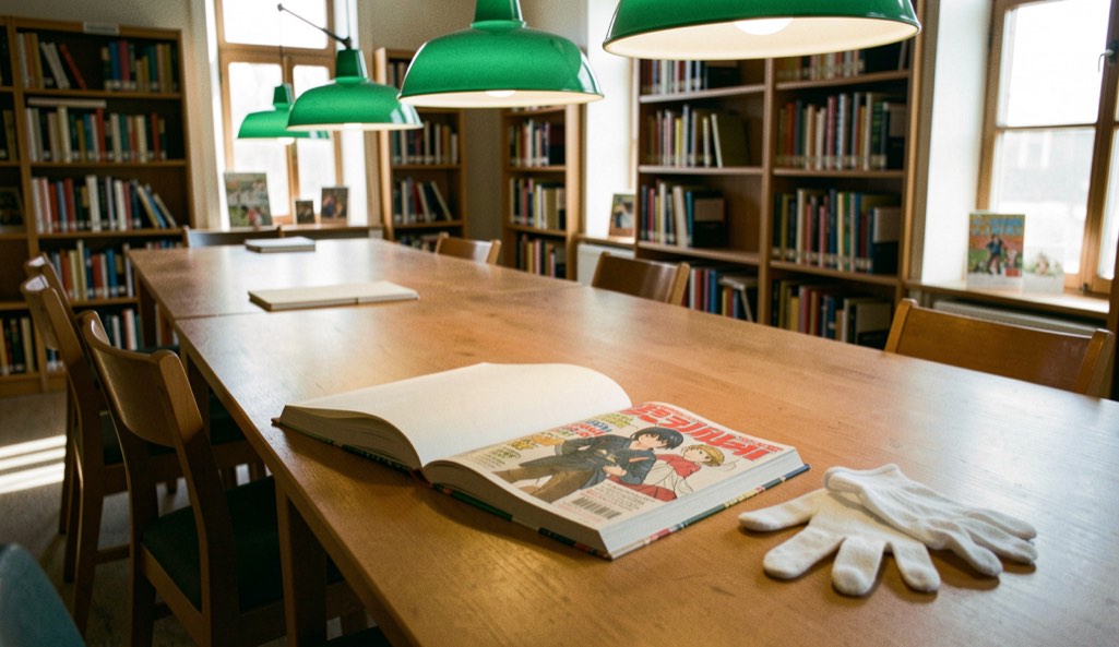 A public library reading room in late afternoon, a single long table under green reading lamps, one open bound volume of a manga magazine reprint and a pair of white cotton gloves resting beside it,