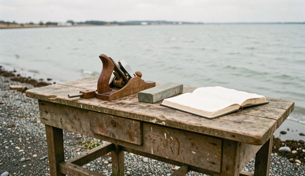 A weathered wooden workbench set on a gravel shore at low tide, a hand plane and a sharpening stone resting on it, a paper logbook open beside them, flat grey-green water and a pale winter sky